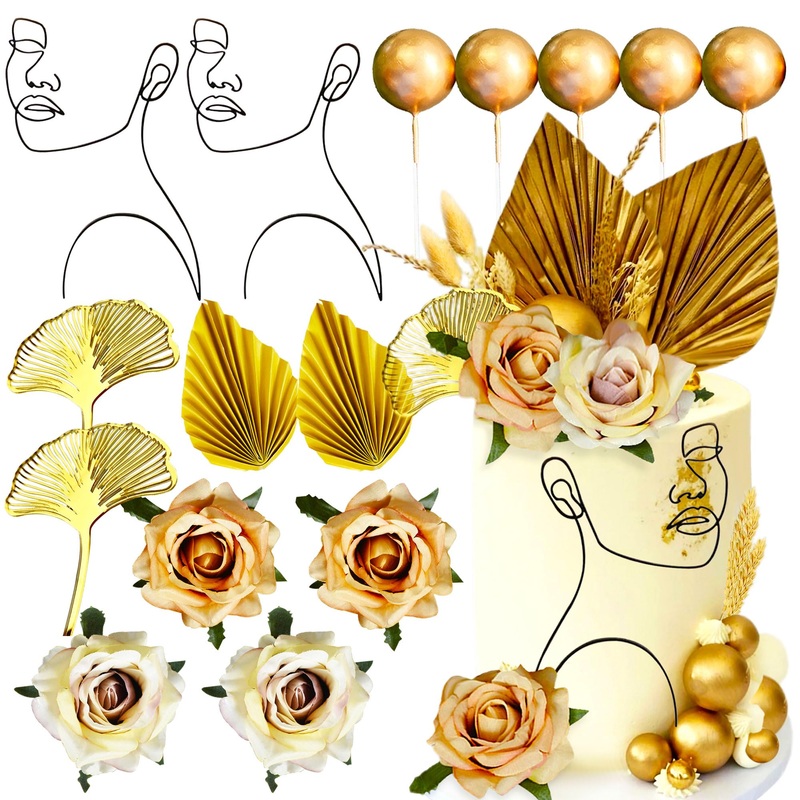 JeVenis Champagne Acrylic Minimalist Art Lady Face Cake Topper Rose Cake Topper Gold Leaves Wedding Cake Toppers for Wedding Bridal Shower Birthday Party