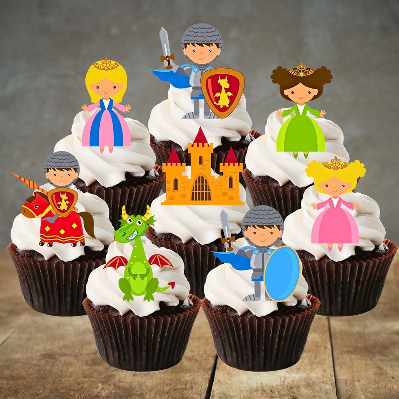 Knights & Dragons Knight Dragon Princess Edible Cupcake Toppers Stand Up Wafer Cake Decorations (Pack of 24)