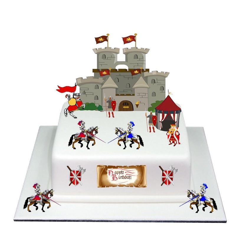 Medieval castle with knights made of edible wafer paper cake topper for birthday for boys and girls