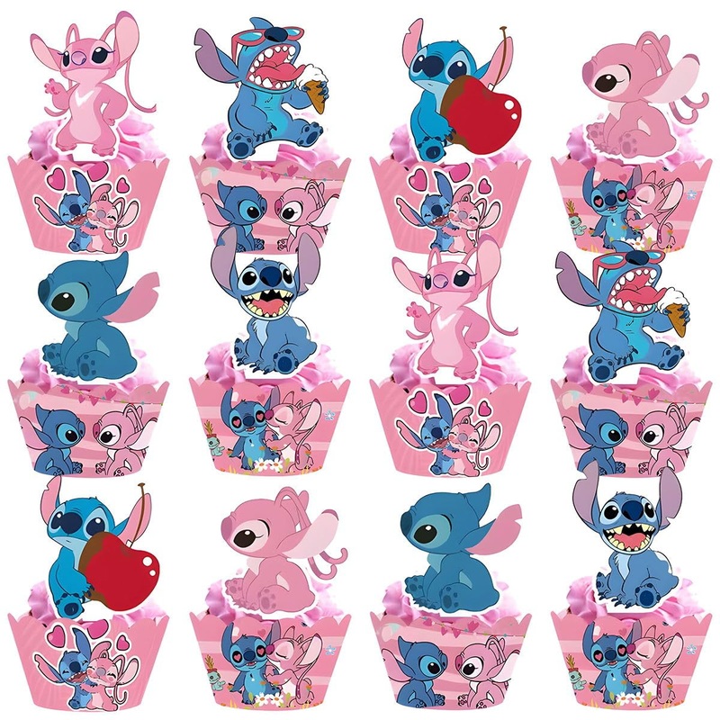 Pink Stitch Cake Cupcake and Wrappers Paper Wraps Decoration Supplies Stitch Cupcake Topper for Kids Birthday Party (Pink)