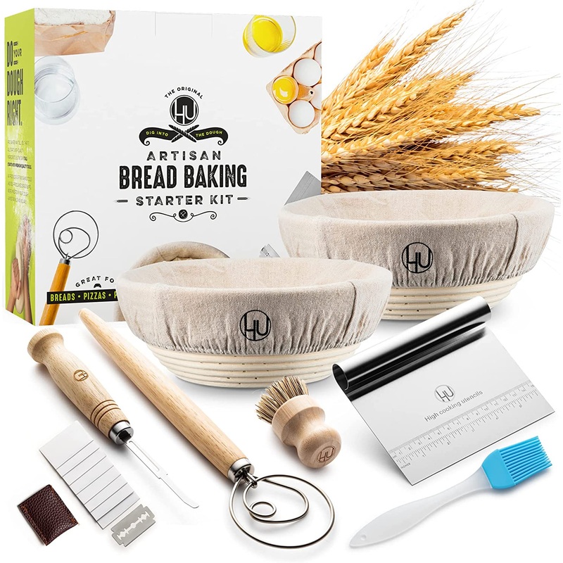 Sourdough Start Kit – Sourdough Bread Baking Supplies 2 Banneton Bread Proofing Basket Bowls, 2 Cloths, Whisk, Bread Lame, Dough Scraper, 2 Brushes – Sourdough Starter Kit Bread Making & Baking Tools