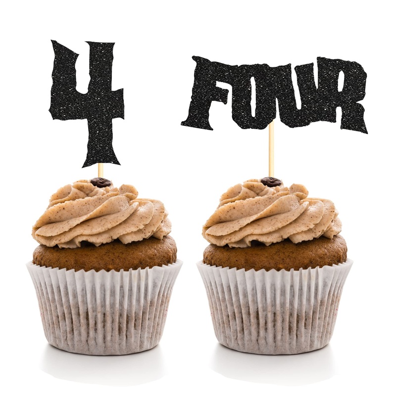 Sumerk 24PCS 4th Birthday Cupcake Toppers Black Glitter Happy 4th Cake Decorations for 4th Birthday Wedding Anniversary Party Decoration Supplies
