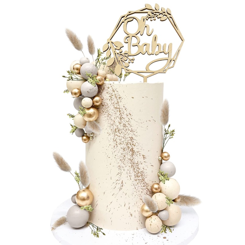 Wood Oh Baby Cake Topper Boho Cake Toppers Balls Cake Topper Decorations Baby Shower Decorations for Boho Baby Shower Birthday Wedding Gender Reveal Cake Decorations (Gray)