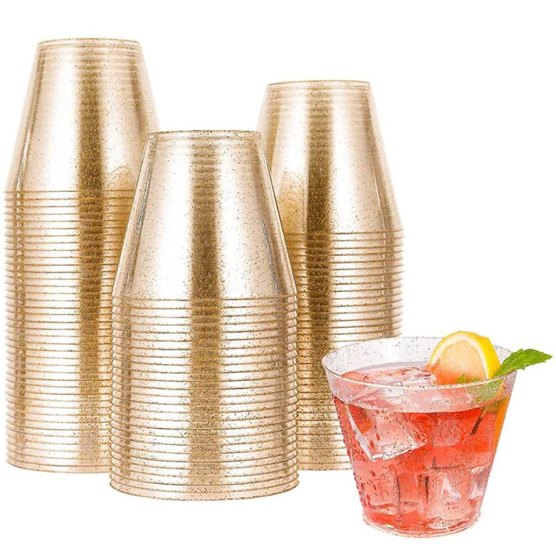 20 Pcs Gold Glitter Plastic Cups URMAGIC 9Oz Disposable Clear Plastic Cups Wedding Party Cups Disposable Wine Glasses Disposable Drinking Cup for Halloween Thanksgiving Christmas