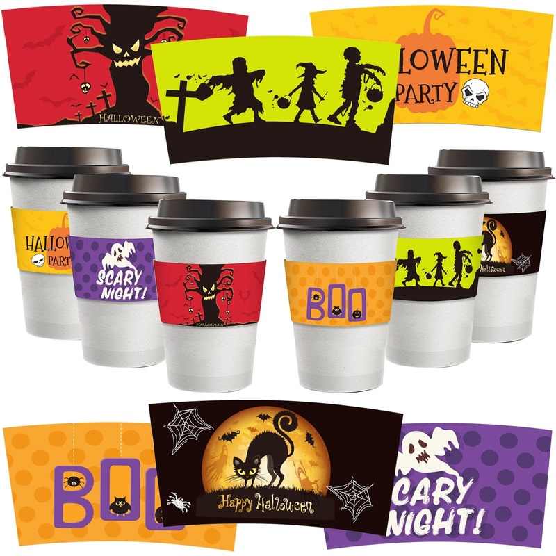 24 Halloween Cup Holders – 6 Designs of Halloween Kraft Paper Cup Holders for Hot Iced Drinks Coffee Tea Or Cold Drinks