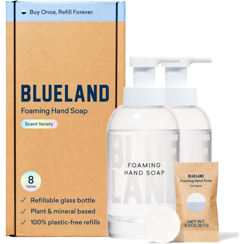 BLUELAND Hand Soap Duo, 2 Refillable Glass Foaming Hand Soap Dispensers with 8 Refill Tablets, Variety Scents, 8 x 9 Fl oz