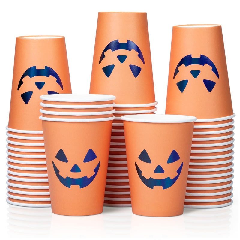 Confettiville Halloween Disposable Paper Party Cups Bulk 50 Pack Leak-Resistant 12 oz Hot and Cold Cups for Restaurants and Parties Jack-O-Lantern Black & Orange