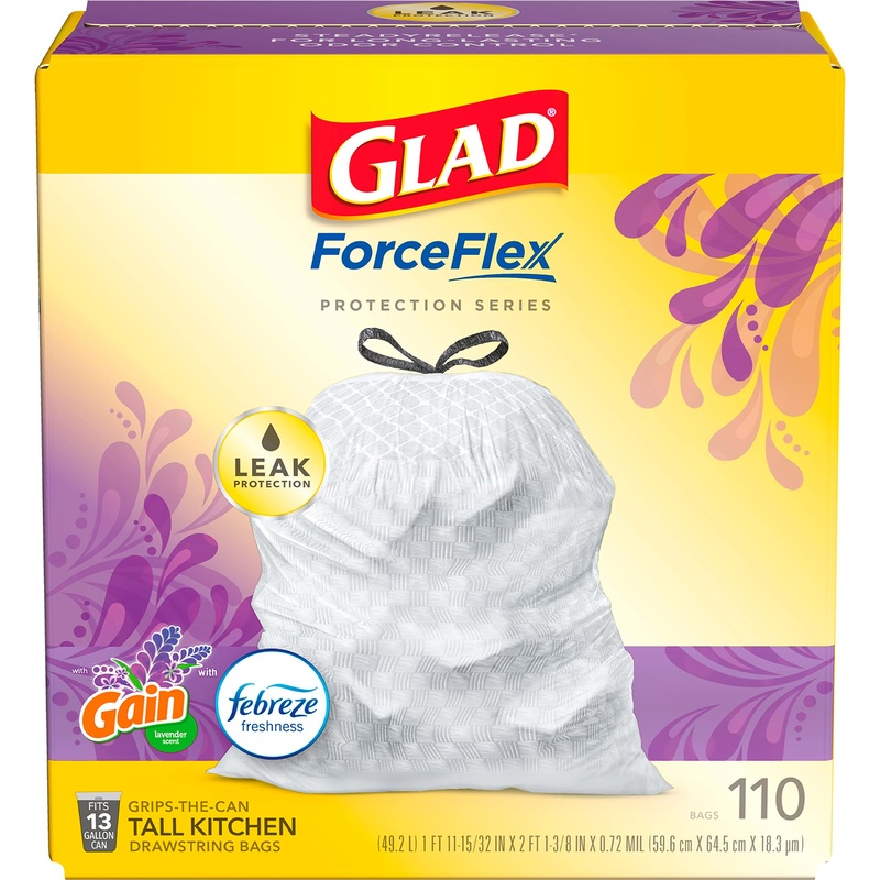 Glad ForceFlex Tall Kitchen Drawstring Trash Bags 13 Gallon Trash Bag Gain Lavender with Febreze Freshness 110 Count
