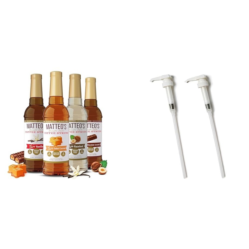 Matteo’s Barista Style Sugar Free Coffee Syrup – 4 Flavor Variety Pack No Calorie & Coffee Syrup Pump Dispenser Bottle Pumps for Syrup Skinny Syrup Pump for 750ml Bottles