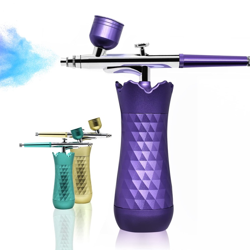 Mini Upgraded Airbrush Kit, Portable Cordless Auto Airbrush Kit with Compressor, Rechargeable Handheld Air Brush Spray Gun Painting Kits for Cake Decor Makeup Art Nail Model Tattoo Manicure (Purple)