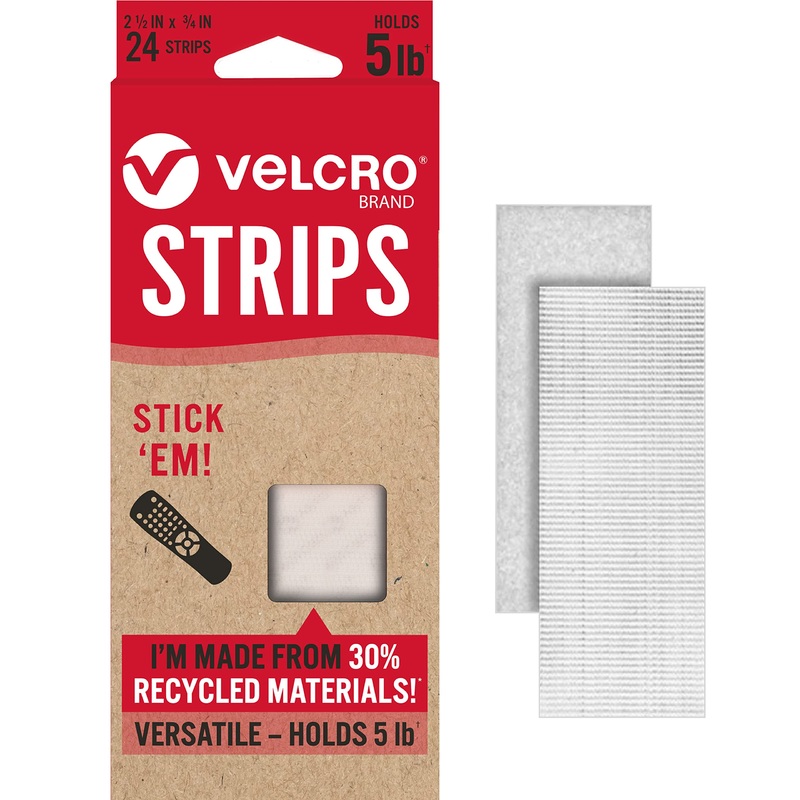 VELCRO Brand ECO Collection | 24 Sets | Stick’EM Hanging Strips with Adhesive | Easy Mounting | 2-1/2in x 3/4in  White with Sticky Back