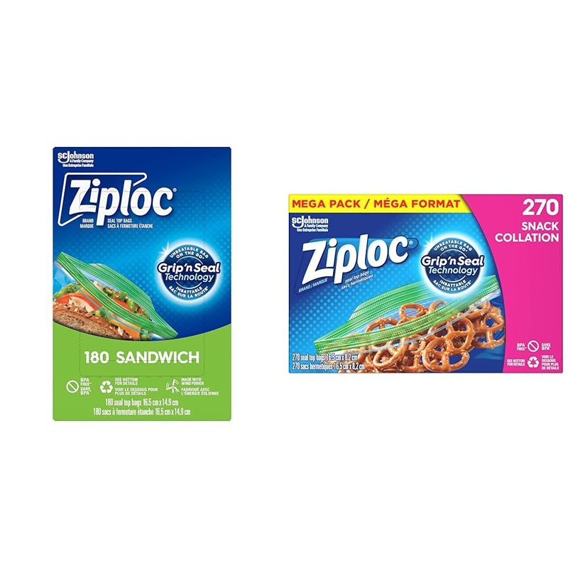 Ziploc Snack and Sandwich Bags for On-The-Go Freshness Grip ‘n Seal Technology for Easier Grip Open and Close 180 Count & Snack and Sandwich Bags for On-the-Go Freshness 270 Count 180 Count (Pack of 1) Bags + Sandwich Bags 270 Count