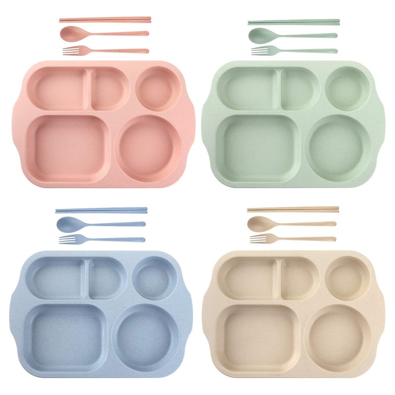 ZoauWuah 4 PCS Wheat Straw Divided Portion Plates Home Dinner Plate Feeding for Outdoor Camping Picnic BBQ Beach or Every Day Use